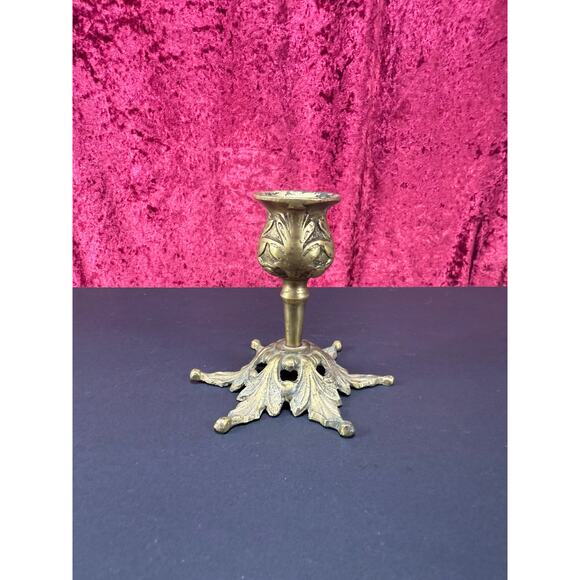 Vintage Brass Decor - Candlestick Holder - Ornate Art Nouveau Leaves - 3.5" - Picture 1 of 5
